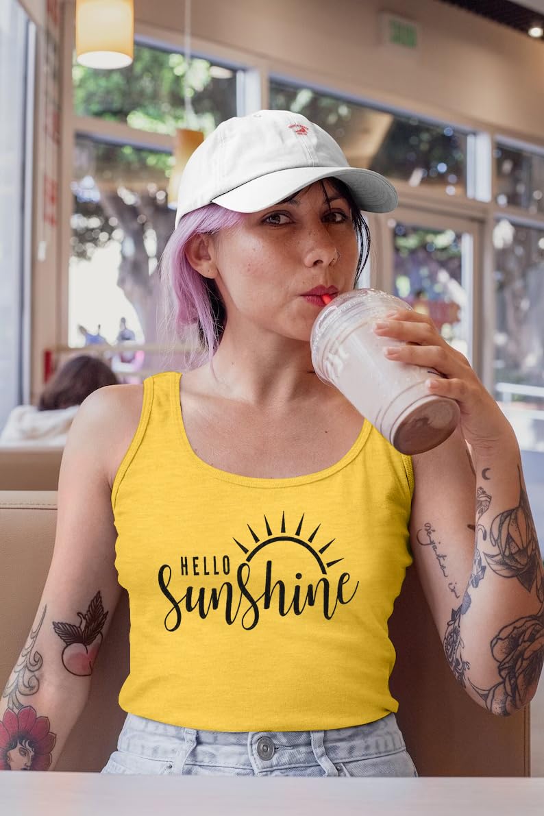 UNIQUEONE Hello Sunshine Women's Sleeveless Graphic Tank Tops, Yellow, Large - Image 2
